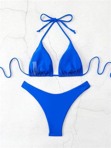 SHEIN Swim Kvinnor Sommar Beach Solid Halter Neck Sexig Bikini Set för semester SHEIN SE
