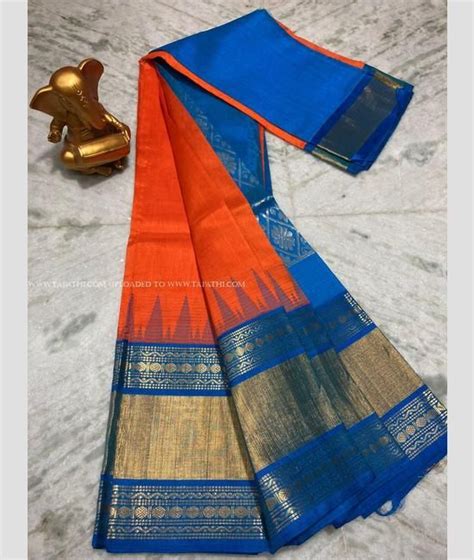 Orange And Blue Color Mangalagiri Pattu Handloom Saree With Plain With