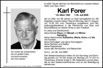 Traueranzeigen Von Karl Forer Trauer Bz