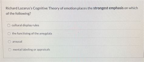 Solved Richard Lazarus's Cognitive Theory of emotion places | Chegg.com