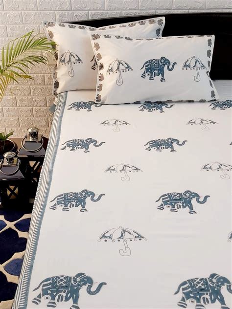 Handblock Printed Cotton Double Bedsheet With Pillowcases Size