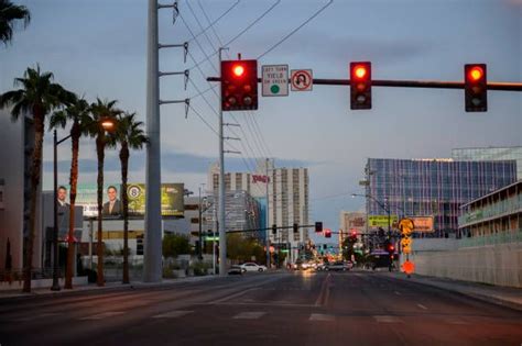 Red Traffic Light At Downtown Las Vegas Clark County Nevada Usa