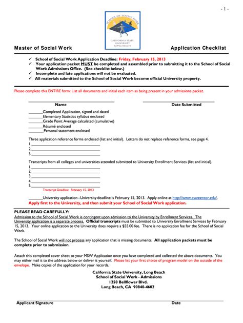 Fillable Online Csulb 1 Master Of Social Work Application Checklist