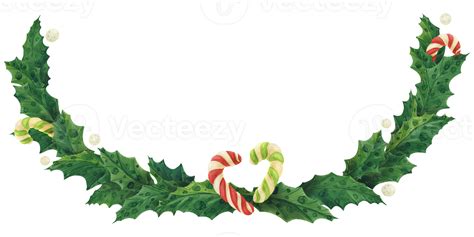 Christmas holly garland with candy canes, watercolor illustration ...