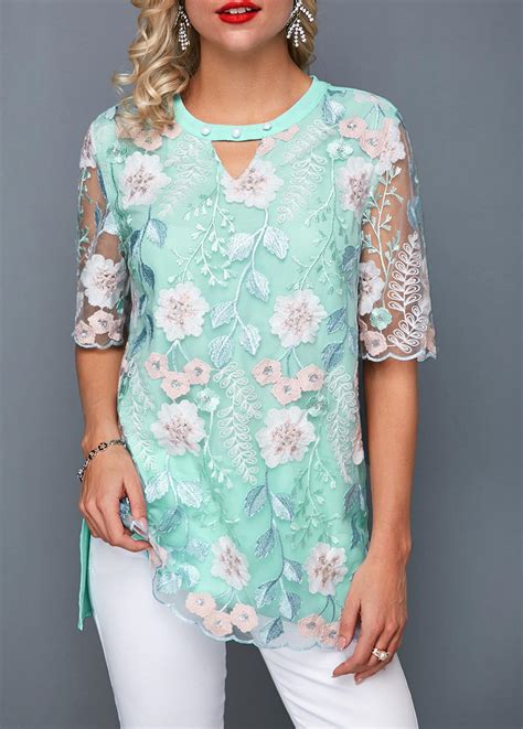 Keyhole Neckline Faux Pearl Embellished Embroidered Blouse Usd 31 25