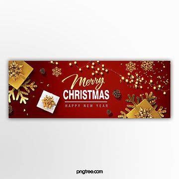 A Merry Christmas Banner With Gold Snowflakes And Ornaments On Red