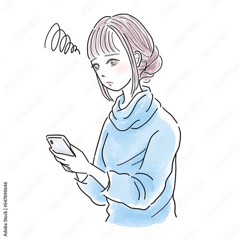 困り顔でスマホを見る若い女性のイラスト Stock Illustration Adobe Stock