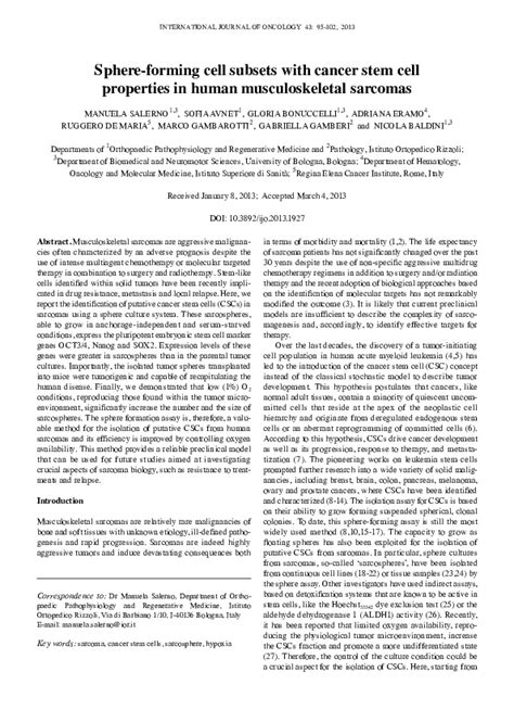 Pdf Sphere Forming Cell Subsets With Cancer Stem Cell Properties In Human Musculoskeletal