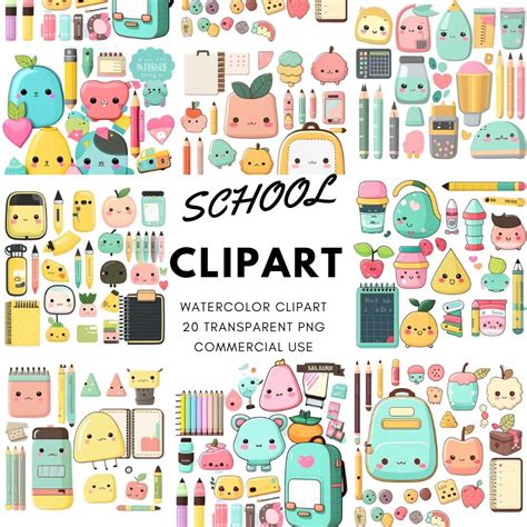 Kawaii School Clipart, Cute School Supplies Clipart Bundle, Back to ...