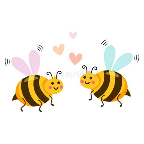 Two Cute Bees With Hearts For Valentine`s Day On A White Background