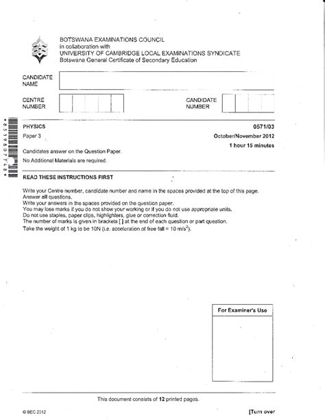 Bgcse Physics Paper 3 2012 Botswana Examinations Counci L In Collaboration With University Of