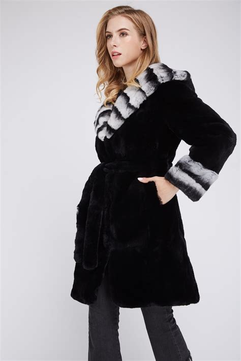 Black Rex Rabbit Fur Coat With Chinchilla Collar Hood 1807017 Lvcomeff