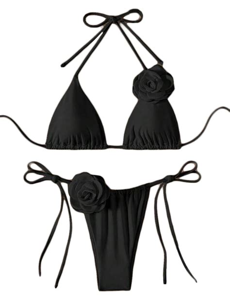 Women S 2 Piece Bikini Set Halter Neck Tie Up 3D Flower Bikini Tops Low Waist