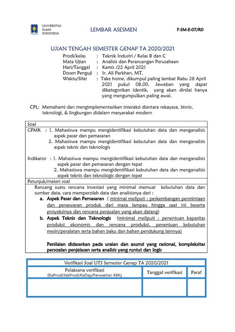 Soal Ujian Tengah Semester Analisis Perancangan Perusahaan