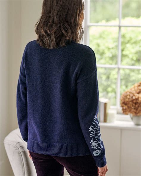 Navy Embroidered Flower Knitted Sweater Woolovers Us