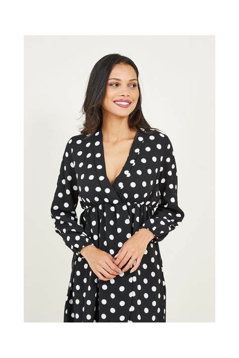 Mela Black Polka Dot Wrap Effect Dress