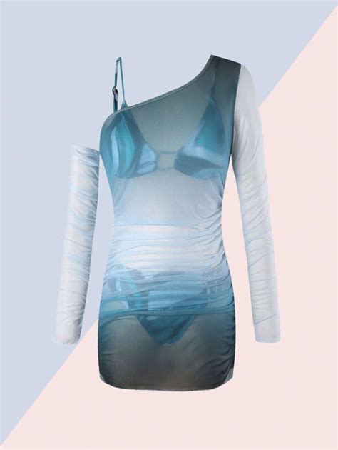 Teen Girls Ombre Tulle Clouds Metallic Decor Oblique Shoulder Long Sleeve Bikini Set Mommy And