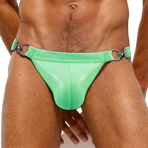 Pu Leather Tanga Briefs Swimwear Men Sexy High Leg Swim Bikini Swimsuit Pouch Pack Fly Front