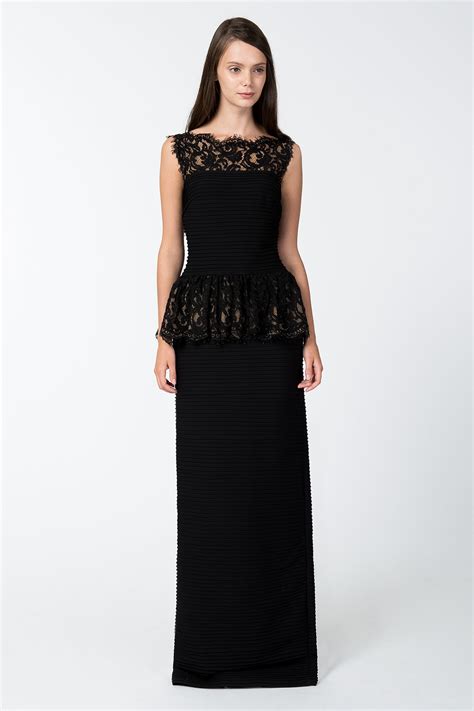 Pintuck Lace Peplum Cocktail Gown In Black Nude Tadashi Shoji