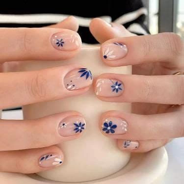 Flower Press On Nails Short Square Fake Nails Summer False Nails With Leaves Design Nude Pink