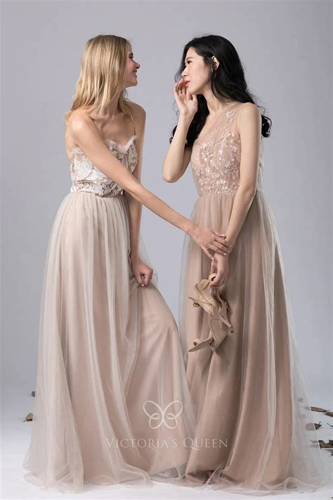 One Shoulder Floral Lace Nude Tulle Overlay Bridesmaid Dress Vq