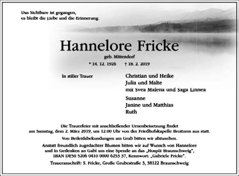 Traueranzeigen Von Hannelore Fricke Trauer38 De