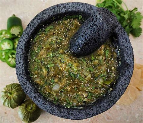 Spicy Molcajete Salsa Verde With Tomatillos Is A Bright Tangy And Spicy Sauce We Use A