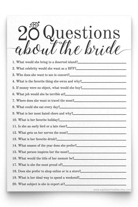 Questions About The Bride Bridal Shower Game Bridal Etsy