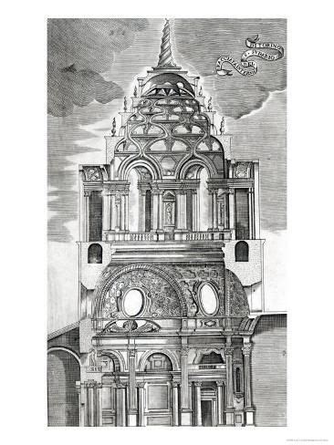 An Old Drawing Of A Building With A Clock On It S Side And Clouds In