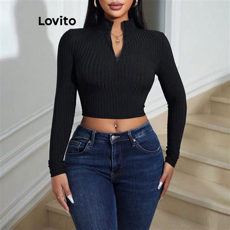 Lovito Camiseta casual de malha canelada zíper liso para mulheres