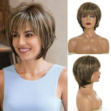 Heka Ebk Short Hair Wigs With Bangs Dark Brown Mixed Blonde Pixie Cut