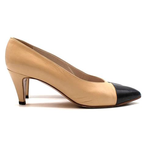 Chanel Nude Black Leather Toe Cap Heeled Pumps Beige Ref Joli Closet