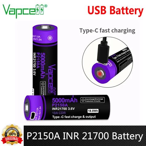 Original Vapcell P2150A INR 21700 USB Battery 5000mah CDR 10A 3 7V