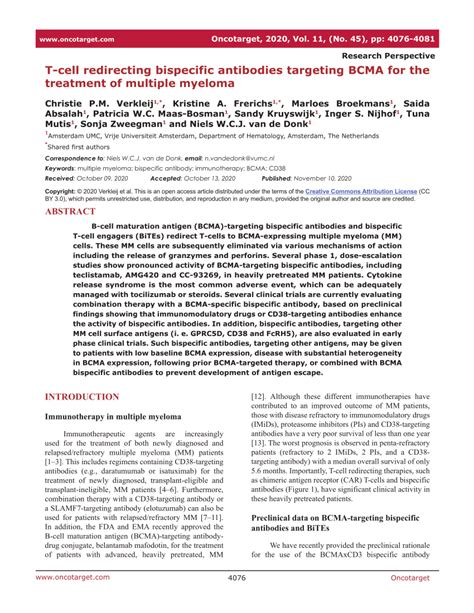 Pdf T Cell Redirecting Bispecific Antibodies Targeting Bcma For The