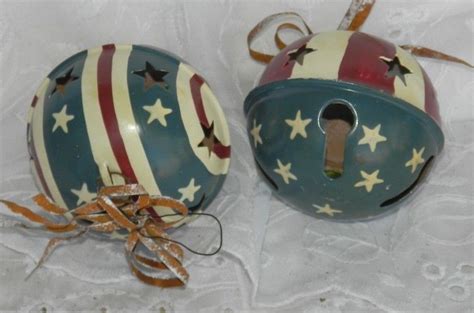 2 Patriotic Rustic Red White Blue Jingle Bell Christmas Ball Ornaments