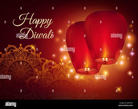 Diwali Lanterns Realistic Composition With Editable Ornate Text Flying