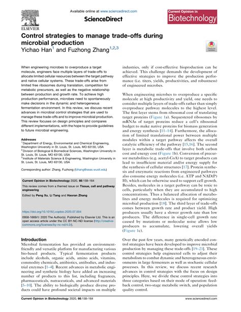 Pdf Control Strategies To Manage Trade Offs During Microbial Production