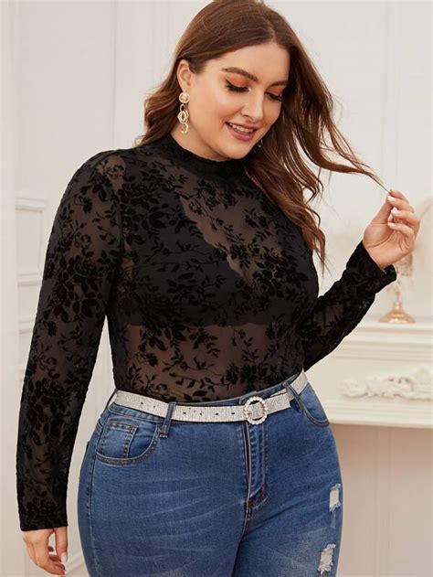 Shein Plus Mock Neck Flocked Mesh Sheer Top Without Bra Shein Usa