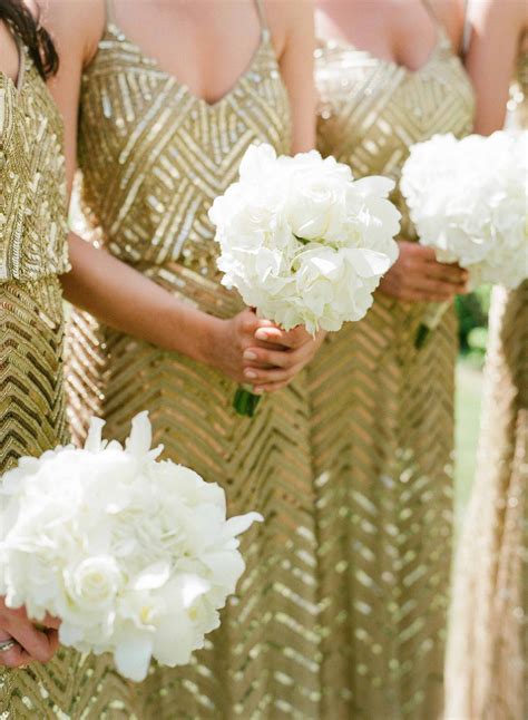Gold Sequin Bridesmaid Dresses with Bouquets