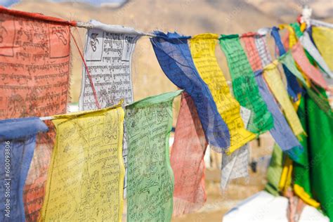 Colorful Buddhism Prayer Flags Lungta With Buddism Symbols In Ladakh