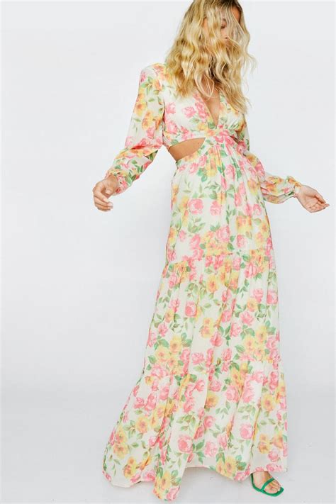 Womens Floral Print Chiffon Cut Out Maxi Dress Boohoo Uk