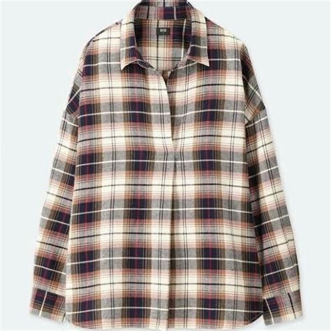 UNIQLO Flannel Check Skipper Collar Long Sleeve Shirt Beige S Fesyen