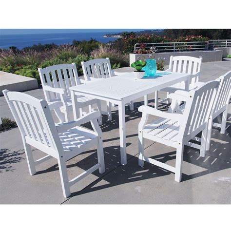 Vifah Bradley Acacia White 7 Piece Patio Dining Set With 32 In W Table And Arched Slat Back