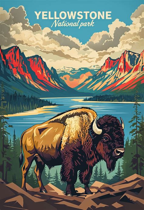 Vibrant Yellowstone National Park Bison Retro Travel Poster Playground