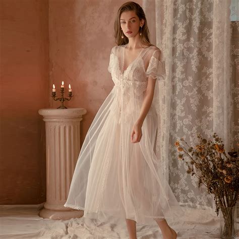 Sexy Lingerie Lace Vintage Robe Long Nightgown Women See Through Nightdress Elegant Sleepwear