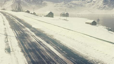 Stunning winter scenery with traditional Norwegian wooden houses ...