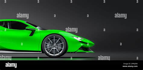 Green Sports Car Side View On A Dark Background 3d Render Stock Photo