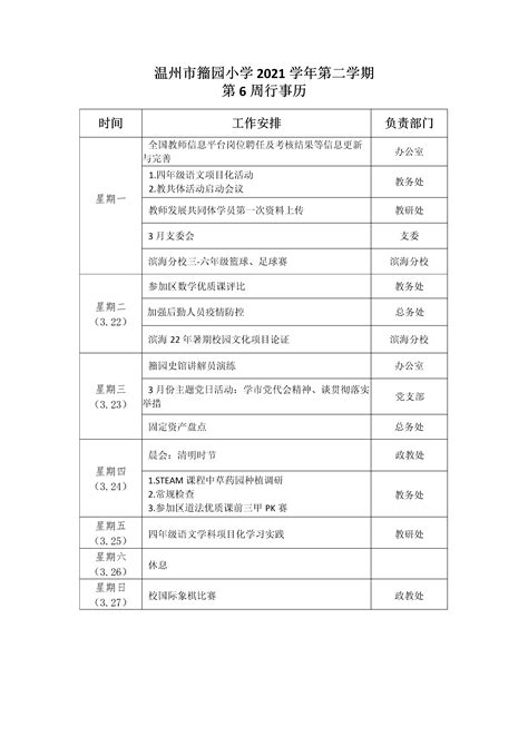 温州市籀园小学 一周工作 温州市籀园小学2021学年第二学期第6周工作行事历