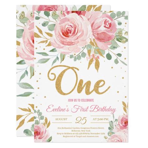 Pink Roses And Gold Glitter First Birthday Party Card