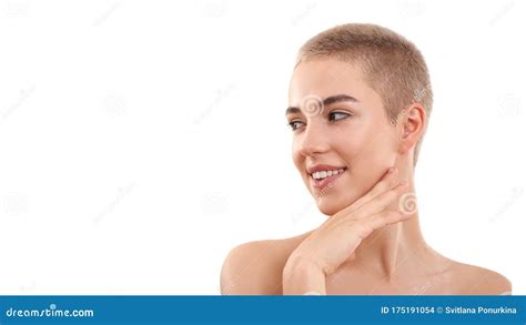 Healthy Skin Portrait Of A Beautiful Smiling Blond Woman With Short Hair And Nude Make Up